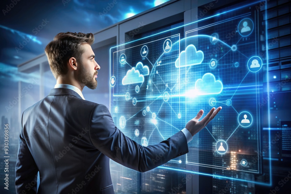 Aufkleber a futuristic interface displays artificial intelligence and cloud technology concepts as a suited ex