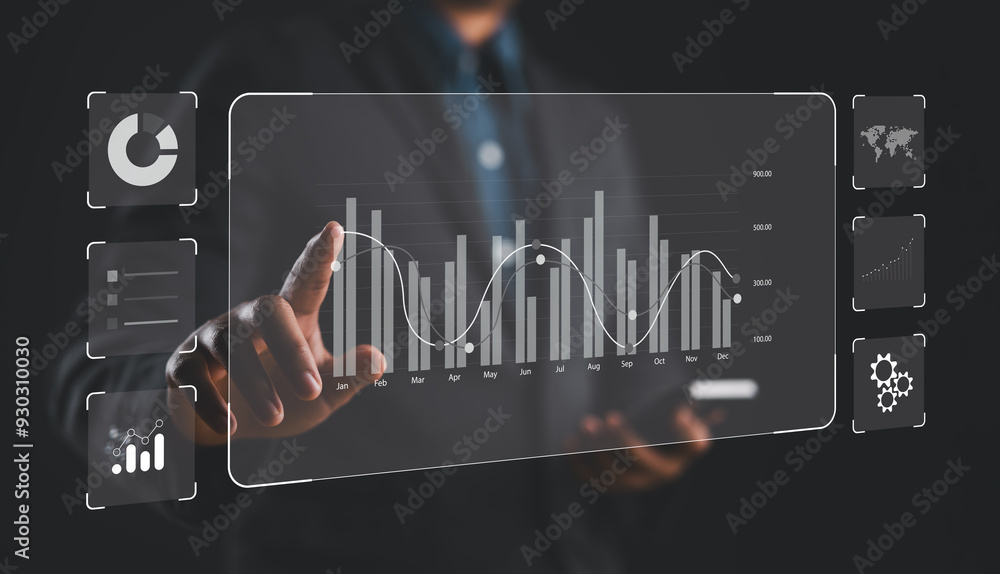 Poster Data analyst working on business analytics dashboard with charts, metrics and KPI to analyze performance and create insight reports and strategic decisions for operations management on virtual screen.