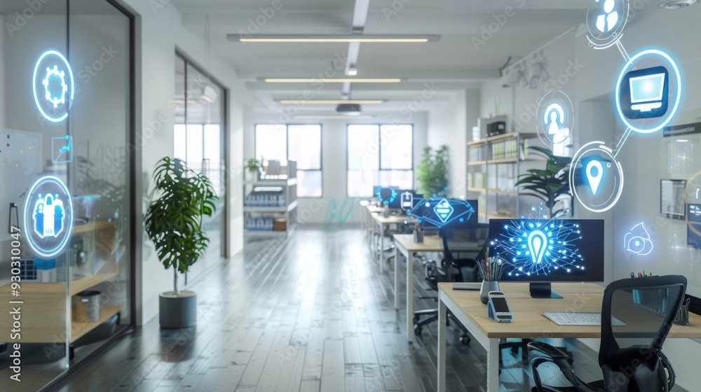 Poster smart office with floating digital concept icons and connection, ai generative