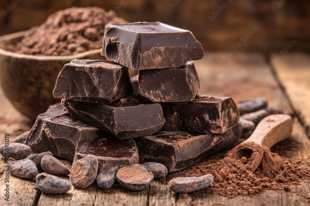 Poster cocoa beans and dark chocolate pieces. this image is perfect for websites and brochures about chocol