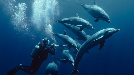 Fototapeta premium Diver Interacting with Friendly Dolphins Underwater in Tropical Ocean Adventure