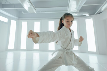 Young asian martial artist in white belt practicing precise techniques in a bright, modern training studio