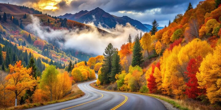 Serene mountain road winds through vibrant autumn foliage, surrounded by misty hills and golden trees, evoking a cozy sense of seasonal wonder and adventure.