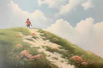 Woman hiking on hill landscape adventure outdoors.