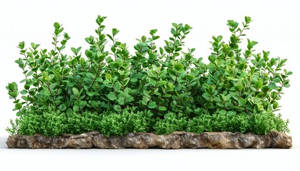 Fototapeta premium A lush arrangement of green plants on a textured stone base, ideal for decoration.