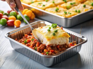 A frozen foil tray containing a homemade shepherd's pie is carefully removed from the freezer drawer, showcasing a convenient and cost-effective meal planning solution.