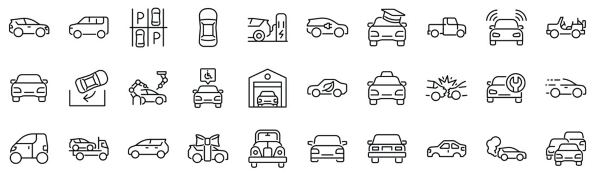 Set of 30 outline icons related to civil car. Linear icon collection. Editable stroke. Vector illustration