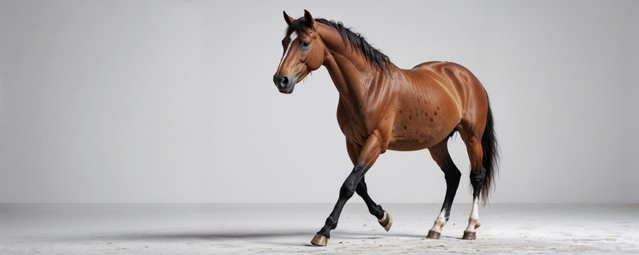 A brown horse is slowly walking on a white surface area