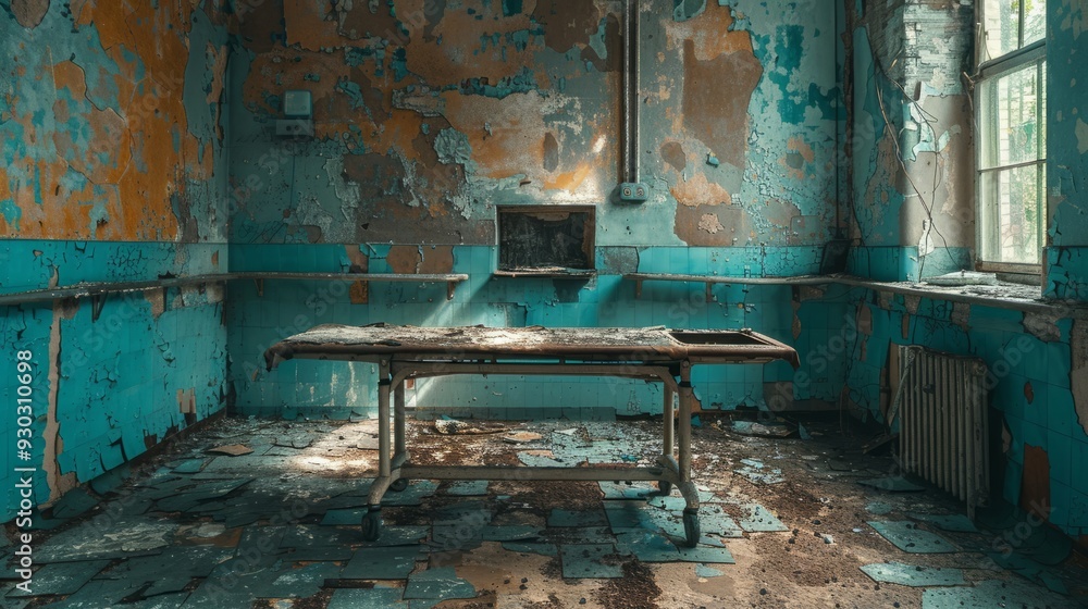 Poster abandoned room with a weathered table in a deteriorating building during late afternoon light