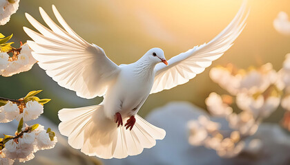 Fototapeta premium White Bird Flying Over Tree With White Flowers