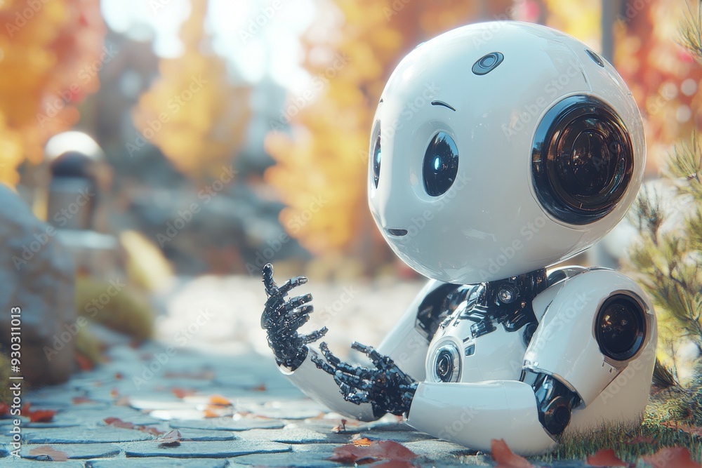 Poster playful robotic scene in an autumn setting illustrating a warm interaction between technology and na