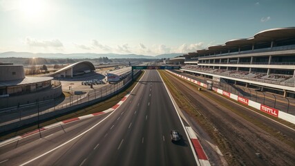 An aerial view showing a race track featuring a speeding car zooming by