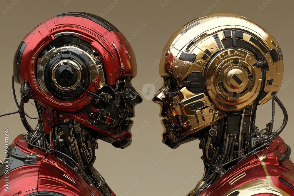 Poster red and gold robots engaged in a deep conversation a symbolic moment of technological dialogue and c