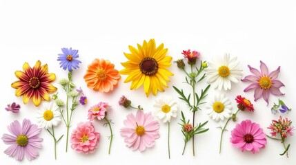 Fototapeta premium Summer flower creative layout Daisy cosmos blanket aster zinnia tickseed sunflower and doronicum flowers isolated on white background Floral frame bor, AI Generative