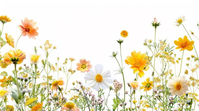 Summer flower creative layout Daisy cosmos blanket aster zinnia tickseed sunflower and doronicum flowers isolated on white background Floral frame bor, AI Generative