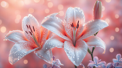 Fototapeta premium white peach Lilly & lilac floral design pattern, hyperrealistic photography, flowers are arranged in a dreamy, abstract landscape with soft, glowing lighting with dewdrops