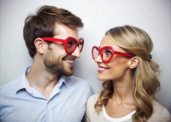 Obraz premium Adorable couple wearing heart-shaped glasses, gazing lovingly at each other, surrounded by a crisp white background, evoking a sense of romance and affection on Valentine's Day.