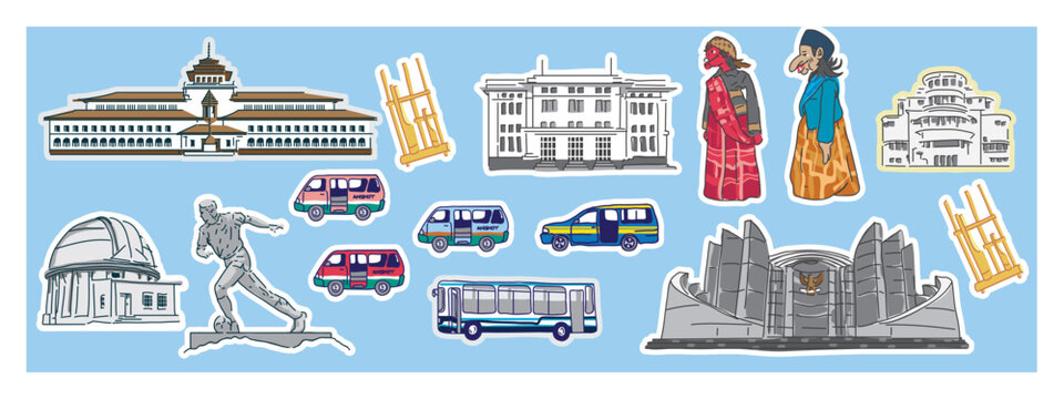 vector set of landmark cities, monuments, and transportation.