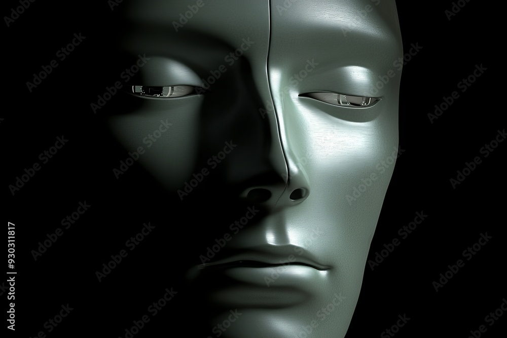 Aufkleber eerie black and white portrait of a robotic face exploring the enigmatic and introspective side of a