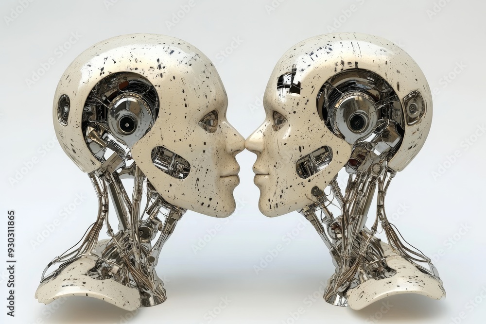 Poster silver robotic heads facing each other a stark representation of communication and connection in the