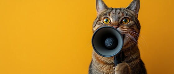 Cat with a megaphone, looking like its making an announcement against a yellow background