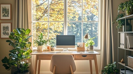Fototapeta premium Cozy and Inviting Home Office with Large Window and Lush Plants