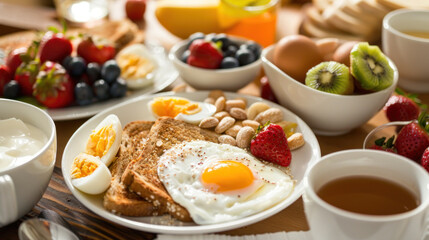 A breakfast spread featuring whole grain toast, poached eggs, and fresh fruit, highlighting healthy eating choices
