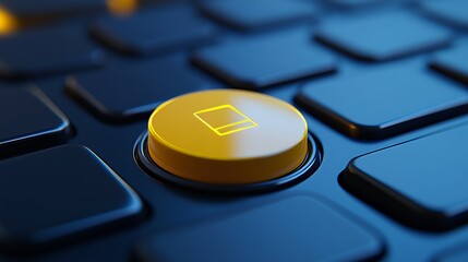 A close-up of a yellow button with a glowing rectangle symbol on a blue keyboard.