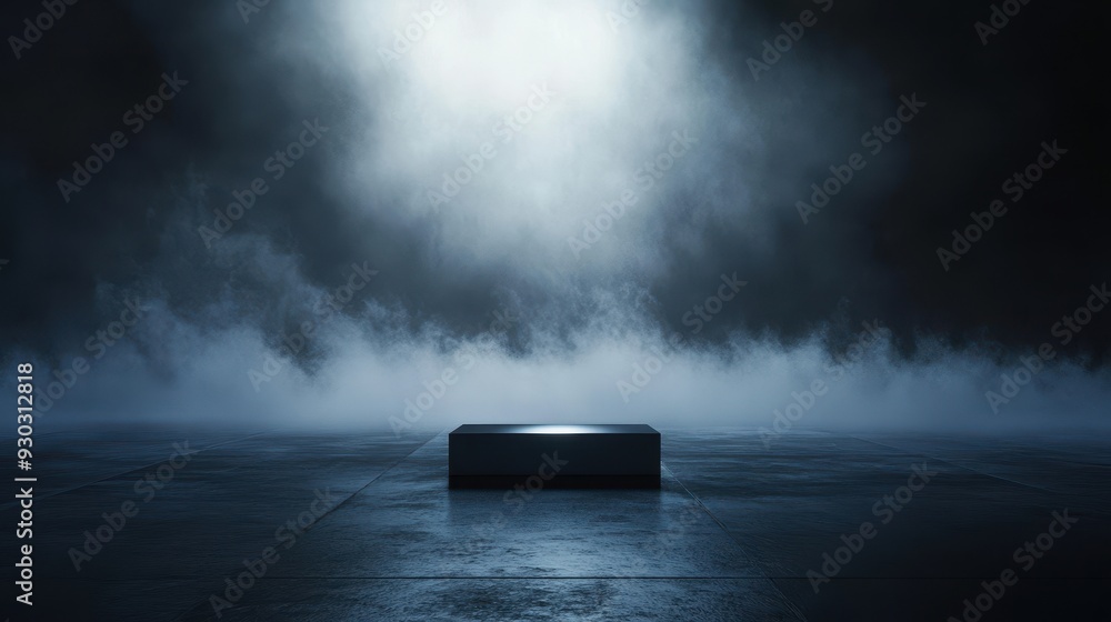 Poster a dark, atmospheric scene featuring a solitary rectangular object illuminated by soft light.
