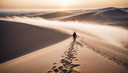 Sand Dunes Enigmas in Foggy Winter: The Pathfinder's Trek Enveloped in Landslide