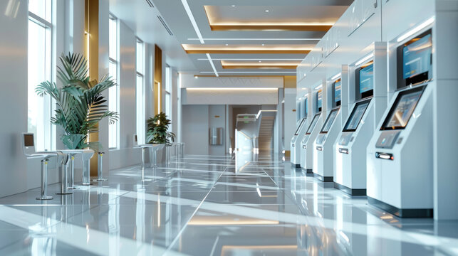 ATMs lined up in a modern banking hall, representing convenient banking services and cash withdrawals