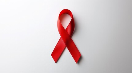 A vibrant red ribbon rests elegantly on a white background, symbolizing hope