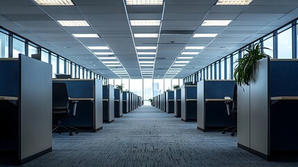 Obraz premium Peaceful Quiet After-Hours Office with Rows of Cubicles and Desks