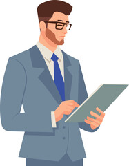 Smart young business man hand pointing on document flat design vector illustration