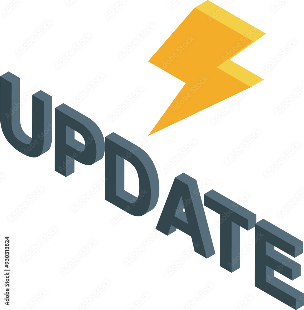 Poster lightning bolt is flashing over a 3d isometric update text, symbolizing a sudden software update