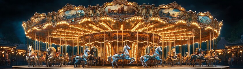 Ornate carousel with horses, brightly lit and detailed craftsmanship