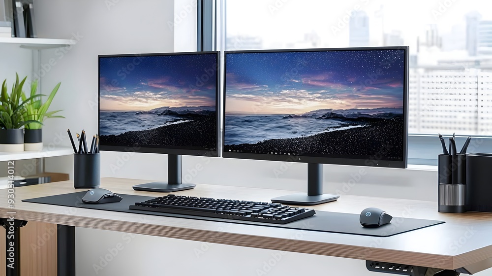 Poster efficient and organized workspace with dual monitors and tech accessories