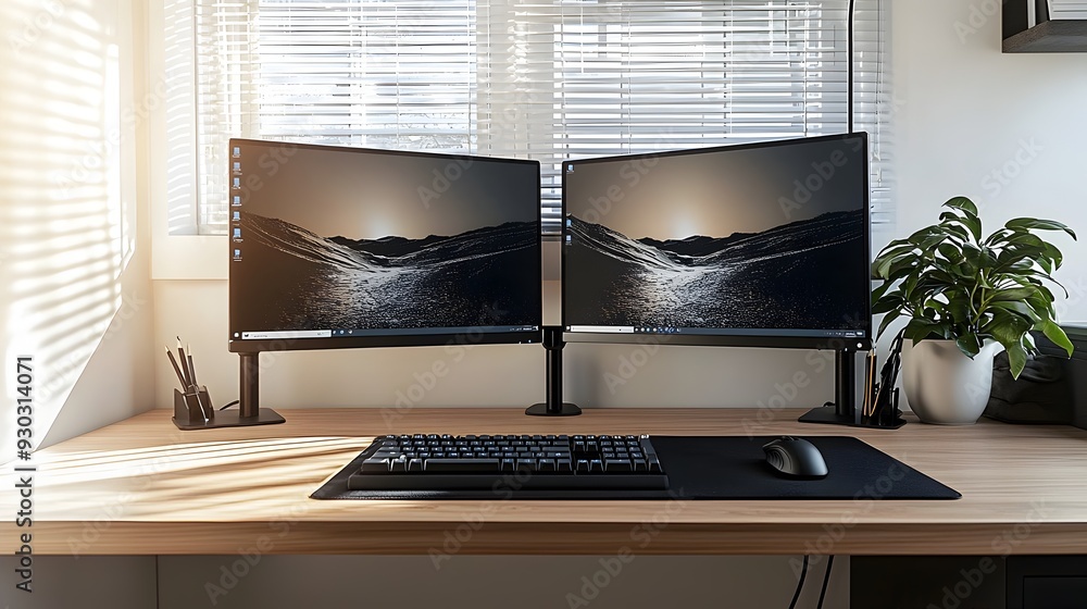 Poster efficient and tech-savvy workspace with dual monitors and accessories