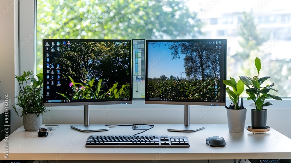 Poster efficient and organized dual-monitor workspace for productivity