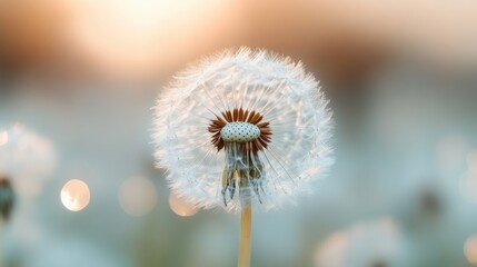 Obraz premium An artistic close-up of a single dandelion with delicate white seeds, set against a softly blurred background, depicting simplicity, beauty, and the fleeting nature of life.