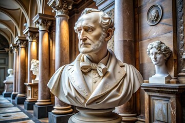 Obraz premium Elegant marble bust of a 19th-century gentleman sits atop a pedestal in a grand, high-ceilinged museum gallery with ornate columns and intricate stonework details.