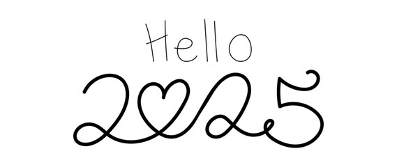 Black Hello 2025 one line art on white background, hand drawn continuous contour. Holiday concept, festive lettering. New year handwriting text, sketch style, minimalist design.