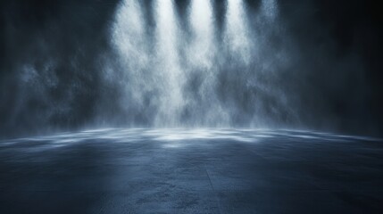 A dark, misty stage illuminated by spotlights, creating a dramatic atmosphere.