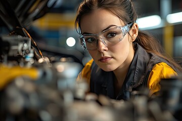 Female mechanic working on car engine. This photo is perfect for articles about women in STEM, car repair, and industrial work.