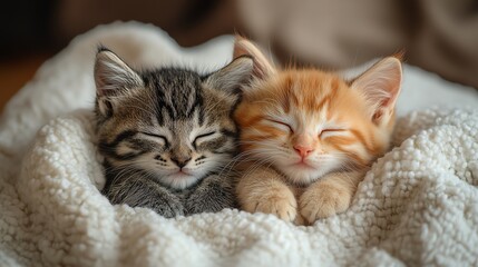 Two kittens cuddling on a soft white blanket, closeup, warm natural light, cozy and tender atmosphere