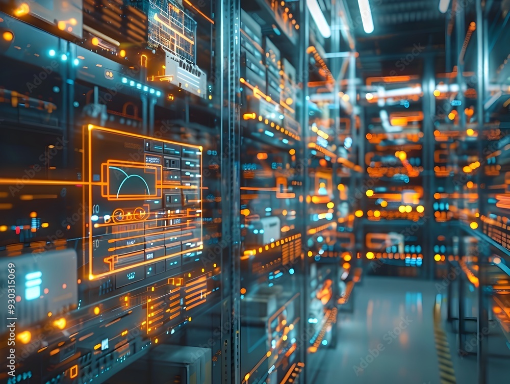 Poster advanced high tech warehouse with integrated monitoring and smart logistics systems