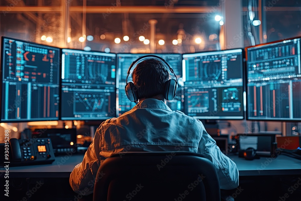 Poster a man sits in front of multiple computer screens. this photo represents the concept of a professiona