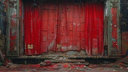 Abandoned theater stage with tattered red curtain and deteriorating decor