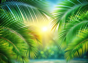 Naklejka premium Vibrant green palm leaves flutter against a soft, gradient natural background, evoking feelings of serenity and tranquility in a tropical paradise.