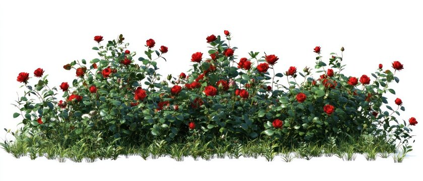 Plants and red flowers isolated on white background. Flower bed for garden design. Luxurious foliage of green bushes and shrubs. Red roses